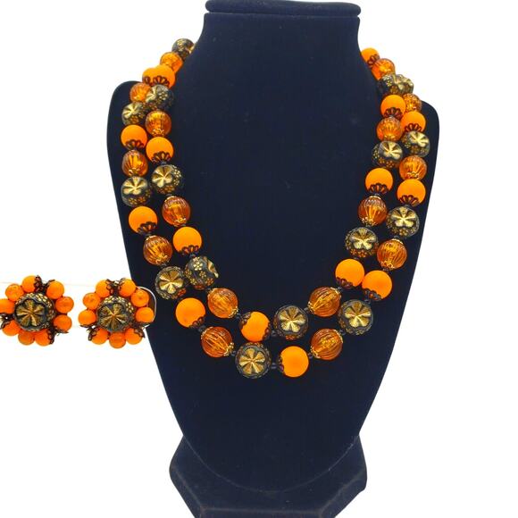 Retro Hong Kong Orange Black Acrylic Bead Necklace Clip Earrings Mod Space 1960s - Picture 1 of 11